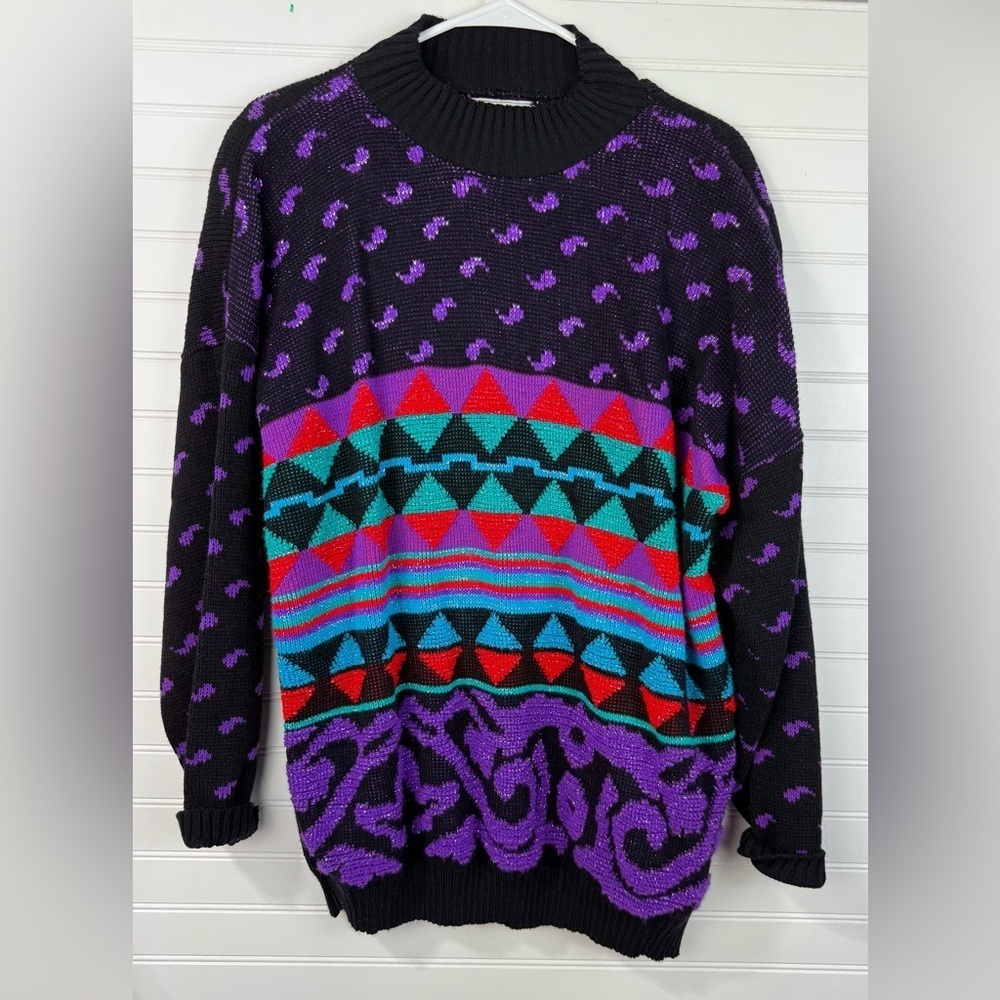 Vintage women’s 80’s black colorful geo print sparkle knit sweater size L- XL